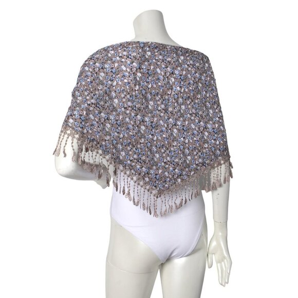 Ditsy Floral Tassel Scarf Shawl Boho Wrap Taupe Blue White - Picture 6 of 6